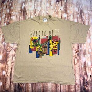 Y2K Puerto Rico Graphic Tee in Tan with Multicolor Print Size Large